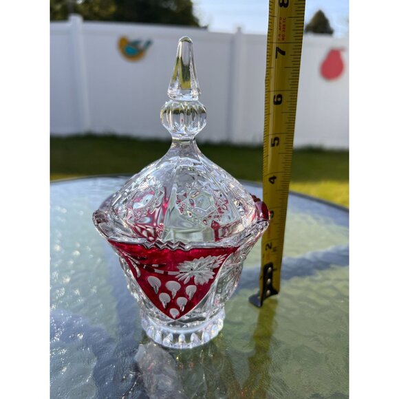 Vintage Anna Hutte Bleikristall Glass Candy Dish Jar Footed Lidded Cranberry Red - Picture 6 of 7